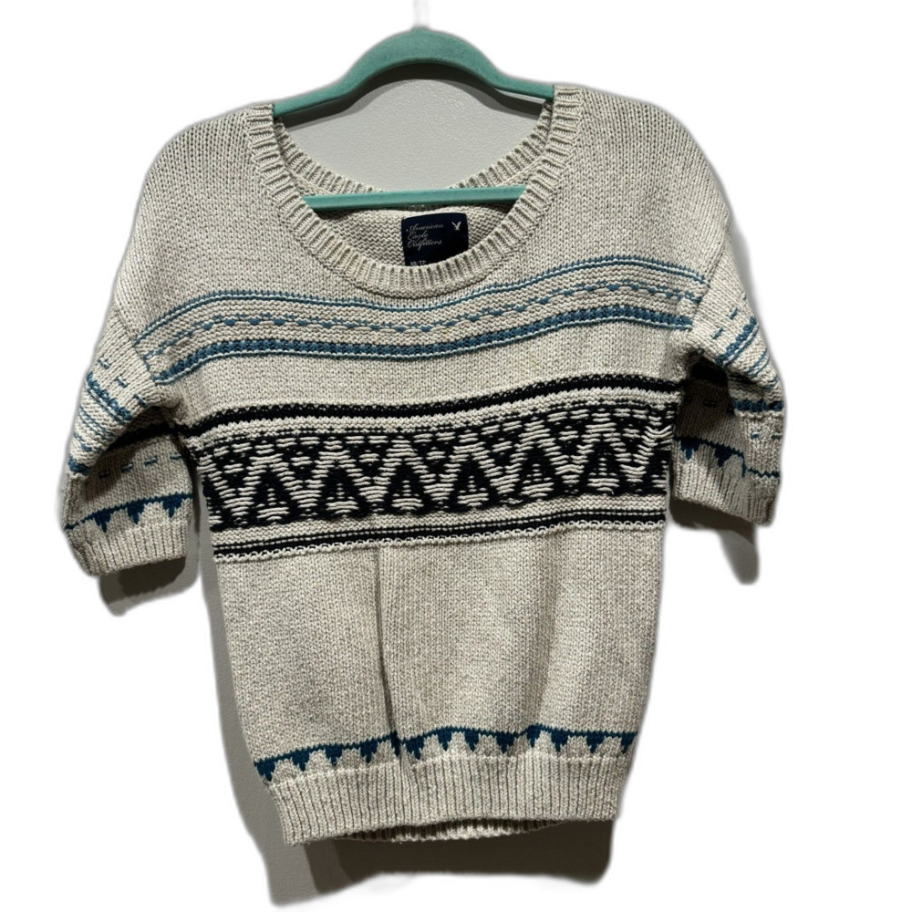 American Eagle Sweater Fair Isle Knit Blue Ivory Geometric Crew Neck Women XS